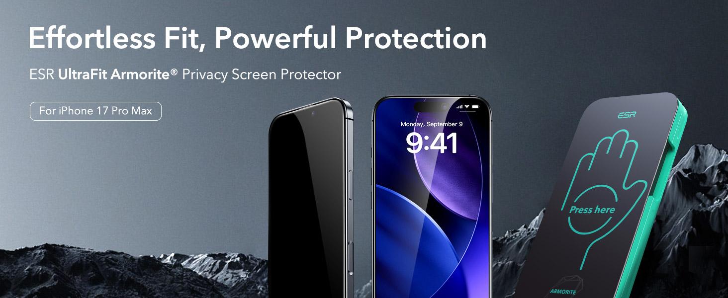 ESR Invisible Bodyguard for iPhone 17promax/17pro/17air/17/16/15 7X Armorite Privacy Glass 3-Pack Ultimate Privacy Bubble-Free Install Military-Grade Protection
