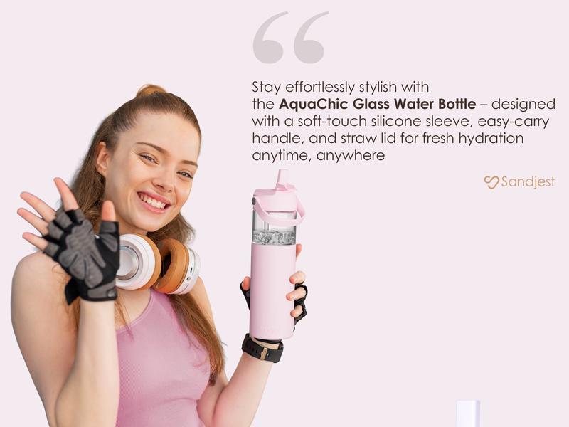 Sandjest Glass Water Bottle 20oz with Silicone Sleeve and Straw Lid, Reusable Portable Drinking Bottle for Home Office Travel Gym Sport Christmas Gift