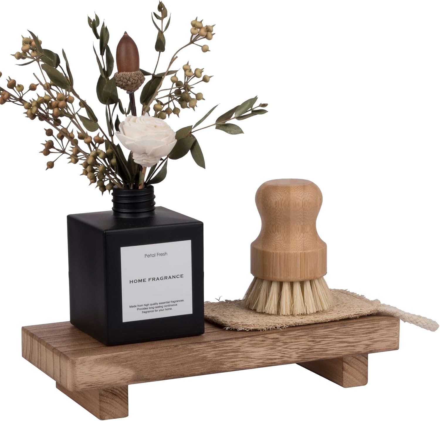 Small Wood Tray Pedestal Stand | Farmhouse Bathroom Decor Riser for Vanity, Kitchen Sink, or Counter – Rustic Soap Dish Holder in Brown Wooden