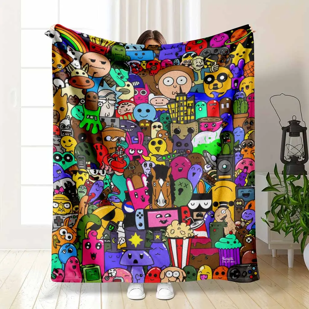 Doodle Art Flannel Blanket Colorful Cartoon Characters Soft Lightweight Throw Plush Warmth Aesthetic Decorative Bedding Sofa Couch Living Room Bedroom Home Office Travel Gift