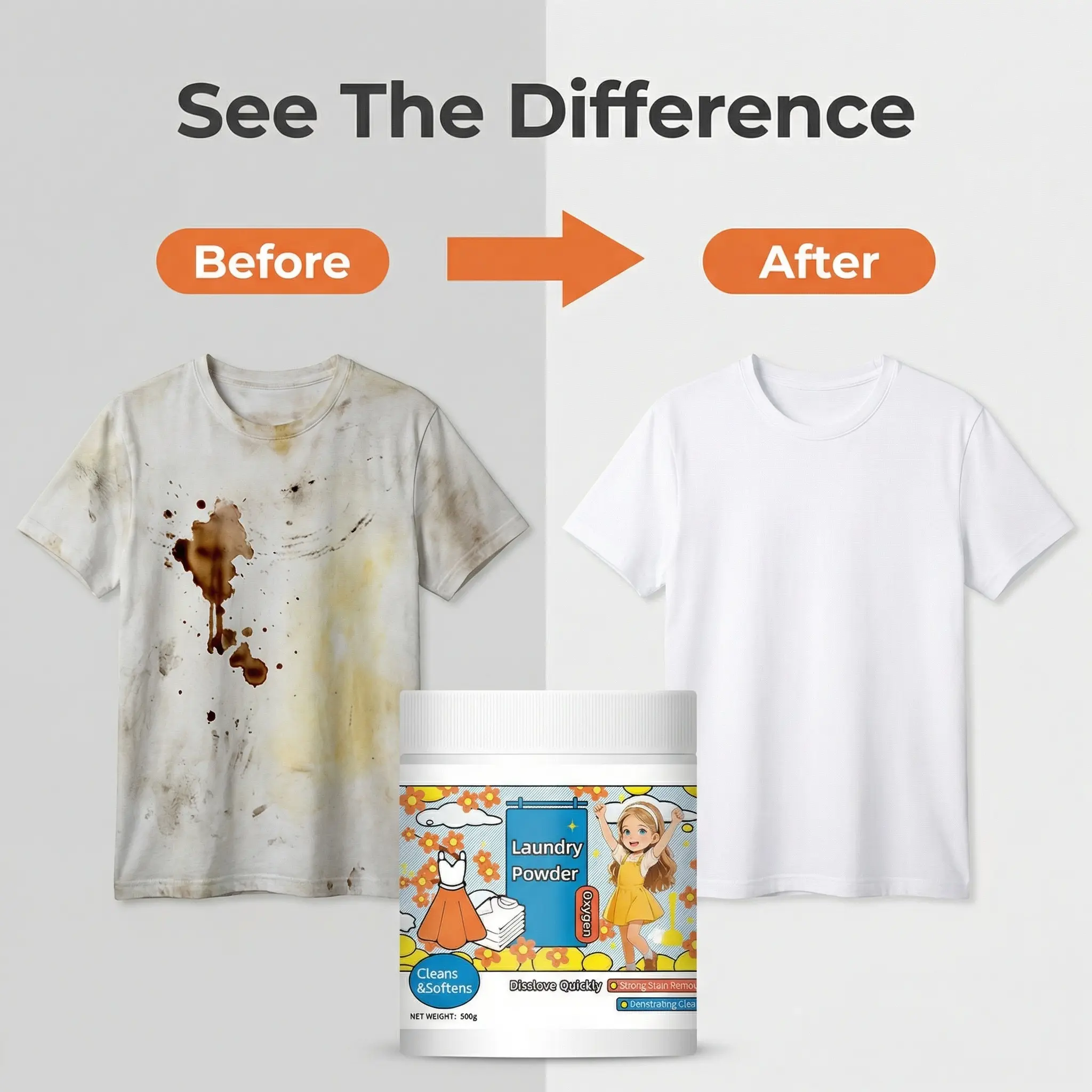 Hyper Concentrated Strong Stain Remover Powder Detergent (500g) - Chlorine-Free Oxygen-Based, Natural Extracts, Baby-Friendly, 0% Ammonia, Hot Water Boost, Household Cleaning Tool with Brush, Safe for Fabrics & Stainless Steel, Appliance Disinfection