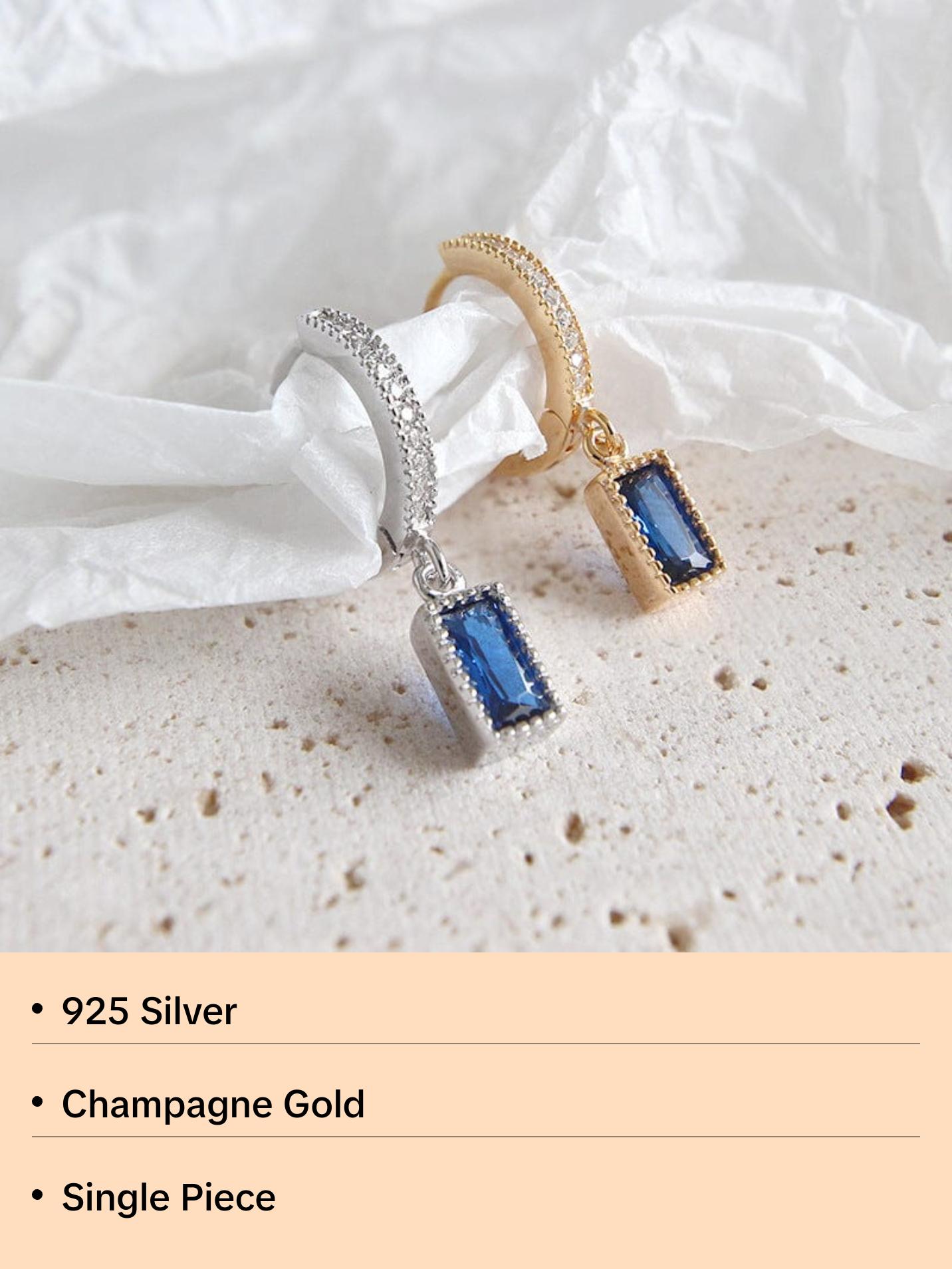 Geometry Blue CZ Rectangle 925 Silver Dangling Earrings (Single Piece)