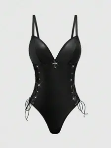 OFFGRID x Goth Cross Pendant PU Leather Sexy Bodysuit, Rave