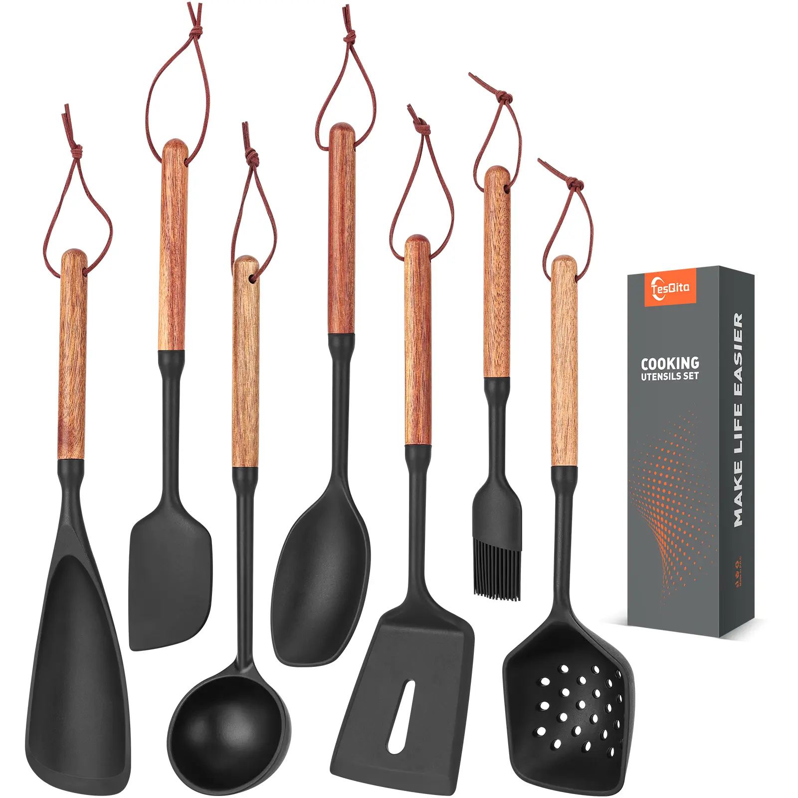 7-Piece Modern Silicone Kitchen Tool Set with Wooden Handles, BPA-Free Stirring Utensils for Cooking & Baking, No-Scratch for Nonstick Cookware, Includes Spatula, Spoon, Soup Ladle, Basting Brush, Bowl Scraper, Skimmer, Slotted Spatula