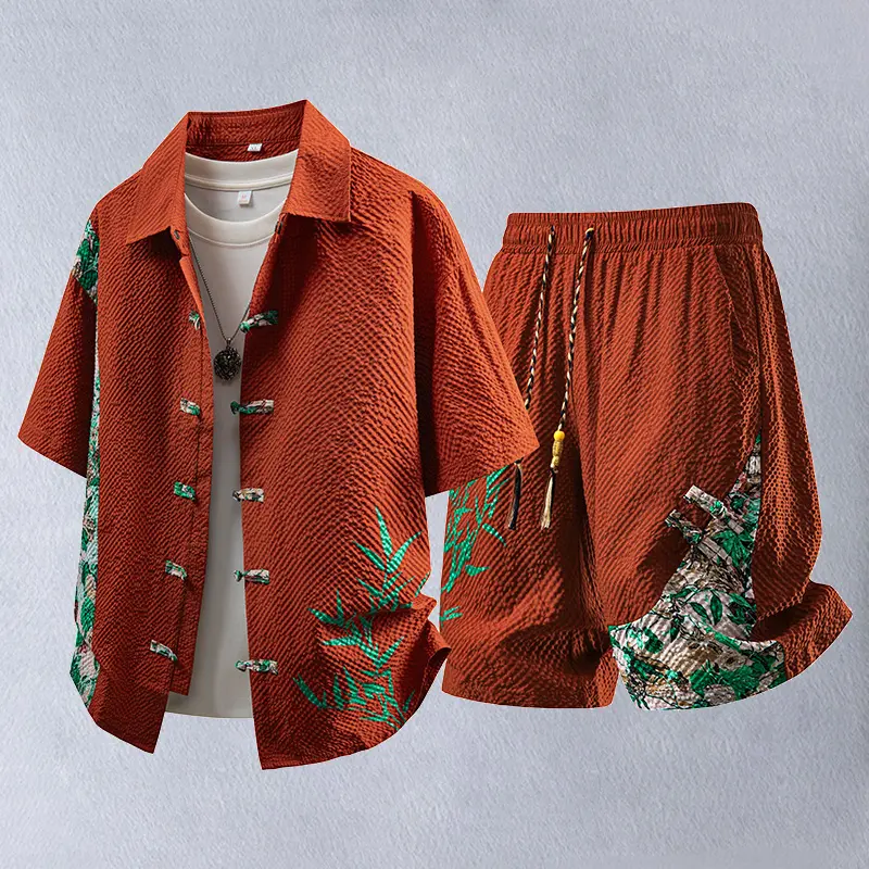 Men's 2-Piece T-Shirt Set | Chinese Tang Suit Style with Collared Neck Top, Plants Embroidery & Matching Pants for Daily Wear, Elegant, Traditional, Cultural, Stylish, Blouse/Shirt, Casual, Ethnic Wear