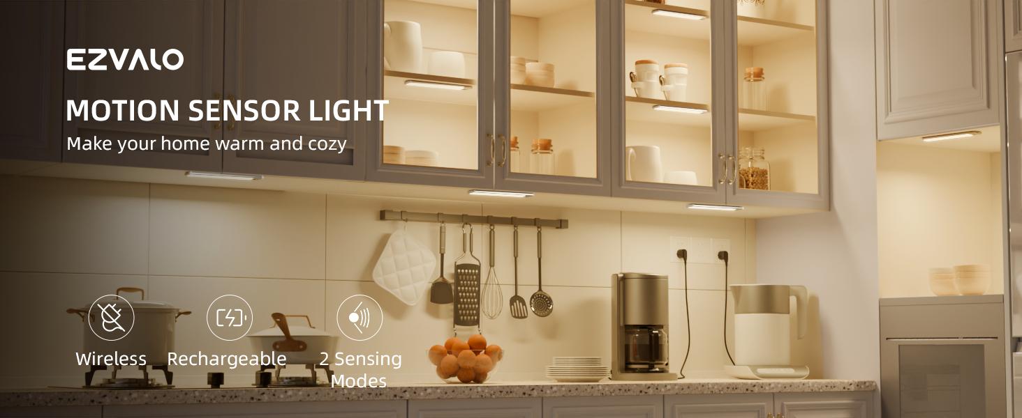 EZVALO Under Cabinet Lights, Warm Light, Wireless, Rechargeable Motion Sensor Light, Dimmable. Black Friday, Christmas Gift, home decor #springtok Lighting Modes Adjustable
