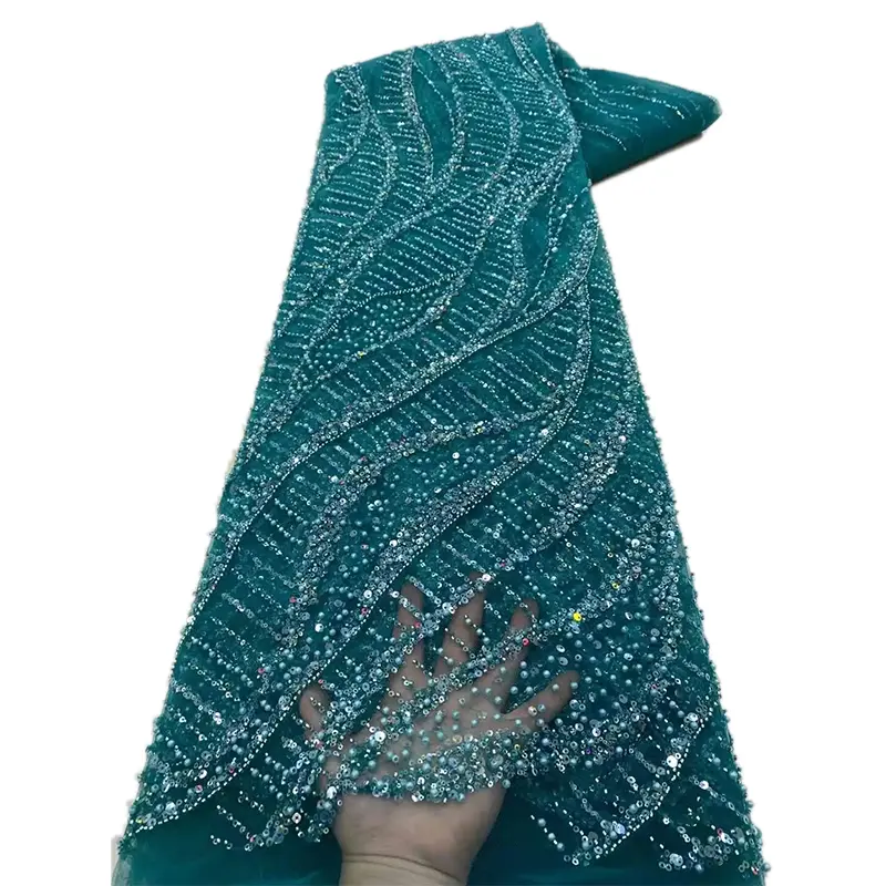 Mesh Swiss Lace Fabric Dubai High Quality Rhinestones Dynamic Chain Sequin Embroidery Seaweed Pattern Home Decor Wedding Party