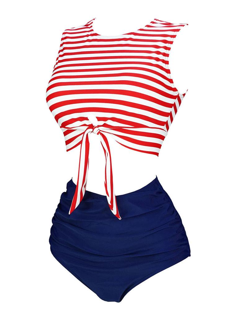 RED & BLUE 1970S STRIPED WAIST TIE PATCHWORK SWIMSUIT Tankiniswimsuit
