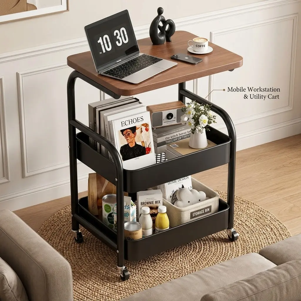 【TikTokShopSummerSale】Mobile C-Shaped Side Table with Storage, Rolling End Table with Wood Top, 3-Tier Storage Cart on Wheels, Sofa Couch Snack Table, Bedside Nightstand for Living Room & Bedroom Black