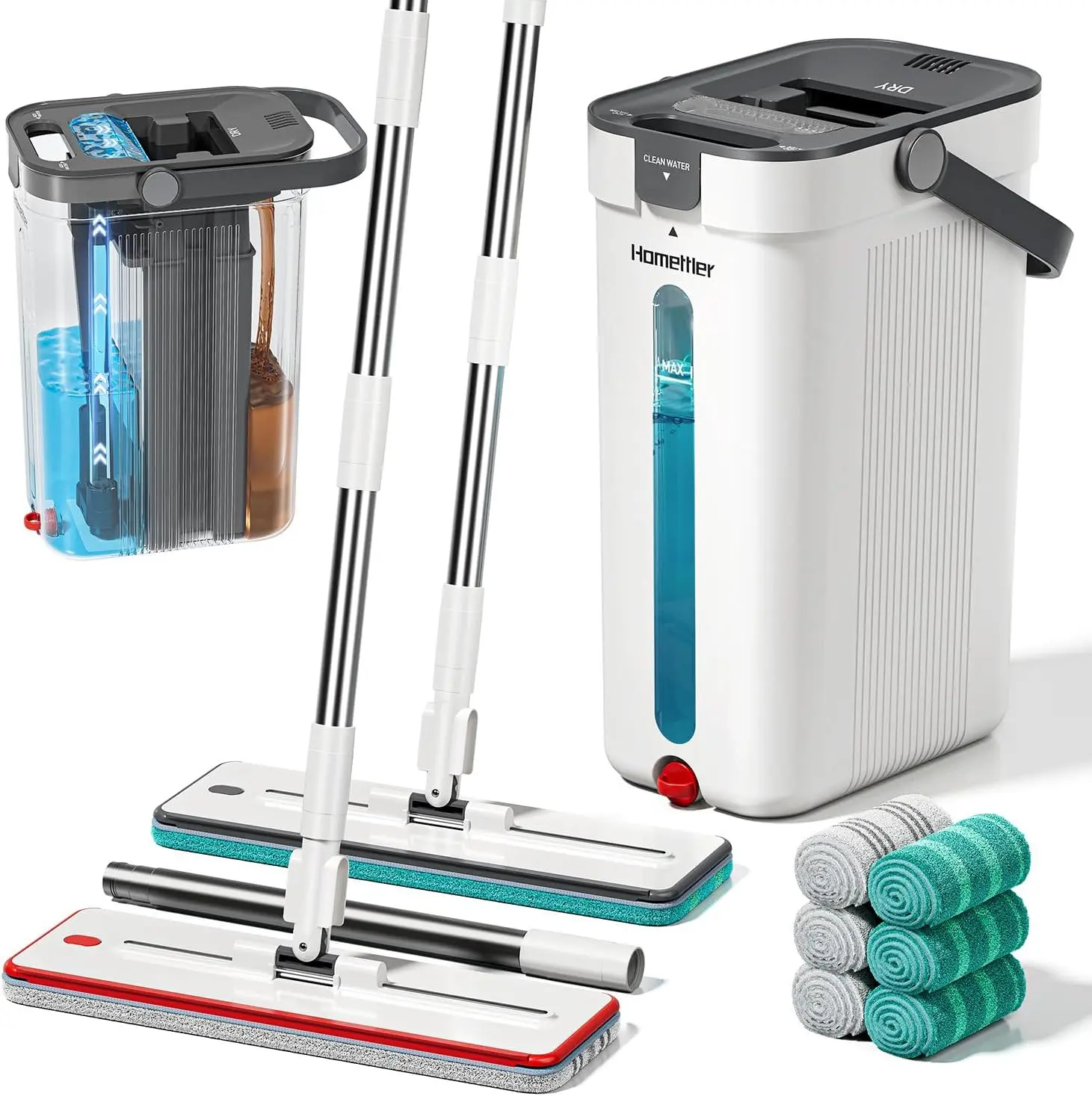 HOMETTLER   3-Tank Flat Mop and Bucket Set with Separate Clean-Dirty Water, Adjustable Lightweight Wall & Floor Cleaner with 6 Microfiber Pads & Brush Stainless Cleaning Steel Disposable