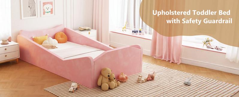 JOYMOR Toddler Bed, Floor Bed with Safety Guadrail, Montessori Toddler Bed with Animal Ear Shapes, Soft Velvet Wood Bed for Infant, Kids, Mattress not Included