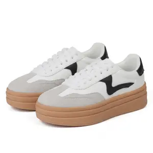 Womens Fashion Platform Sneaker Round toe Colorblock Trainer Classic Walking Shoe Chunky Platform Heel Vintage leature Lace up Thick Sole Comfortable tennis Outdoor Casual Streetwear shoe