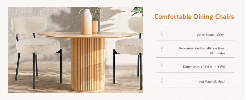 Set of 2 Dining Chairs Boucle Upholstered Kitchen Chairs with Curved Backrest & Metal Legs-Mid Century Modern Round Dining Room Chairs