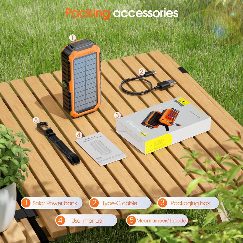 Bodo-Tech 40000mAh Solar Charger Hand Crank Power Bank with 4 Cables Fast PD20W Charging LED Flashlight for iPhone Android Samsung Orange Black