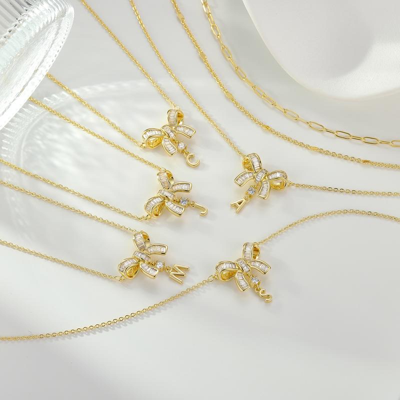 MEIITRUE 14K Gold Plated Initial Bow Necklace Set for Women – Layered Chains with 5A Cubic Zirconia, Adjustable Length, Elegant Personalized Gift