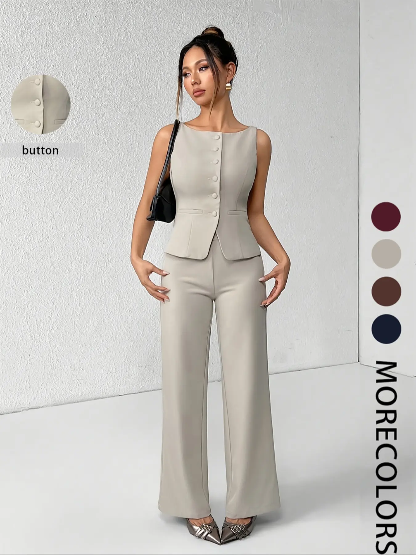 Women's Solid Button Front Tank Top & Palazzo Wide Leg Pants Set, Casual Chic Fashion Two-piece Set for Summer, Women's Clothing for Daily Wear, Suits, Office Siren Outfits