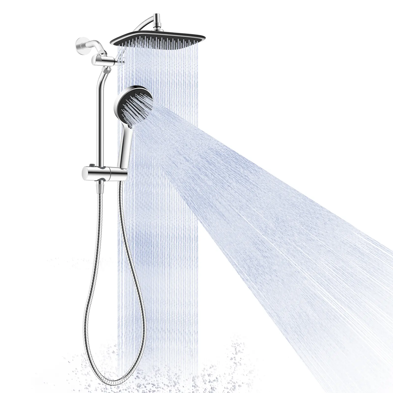 Hibbent 10-in Dual High-Pressure Shower Head Combo - 5-Spray Detachable Handheld, Rainfall Showerhead, Power Wash, Extension Arm, Chrome Silver Stainless Steel Bathroom Fixture