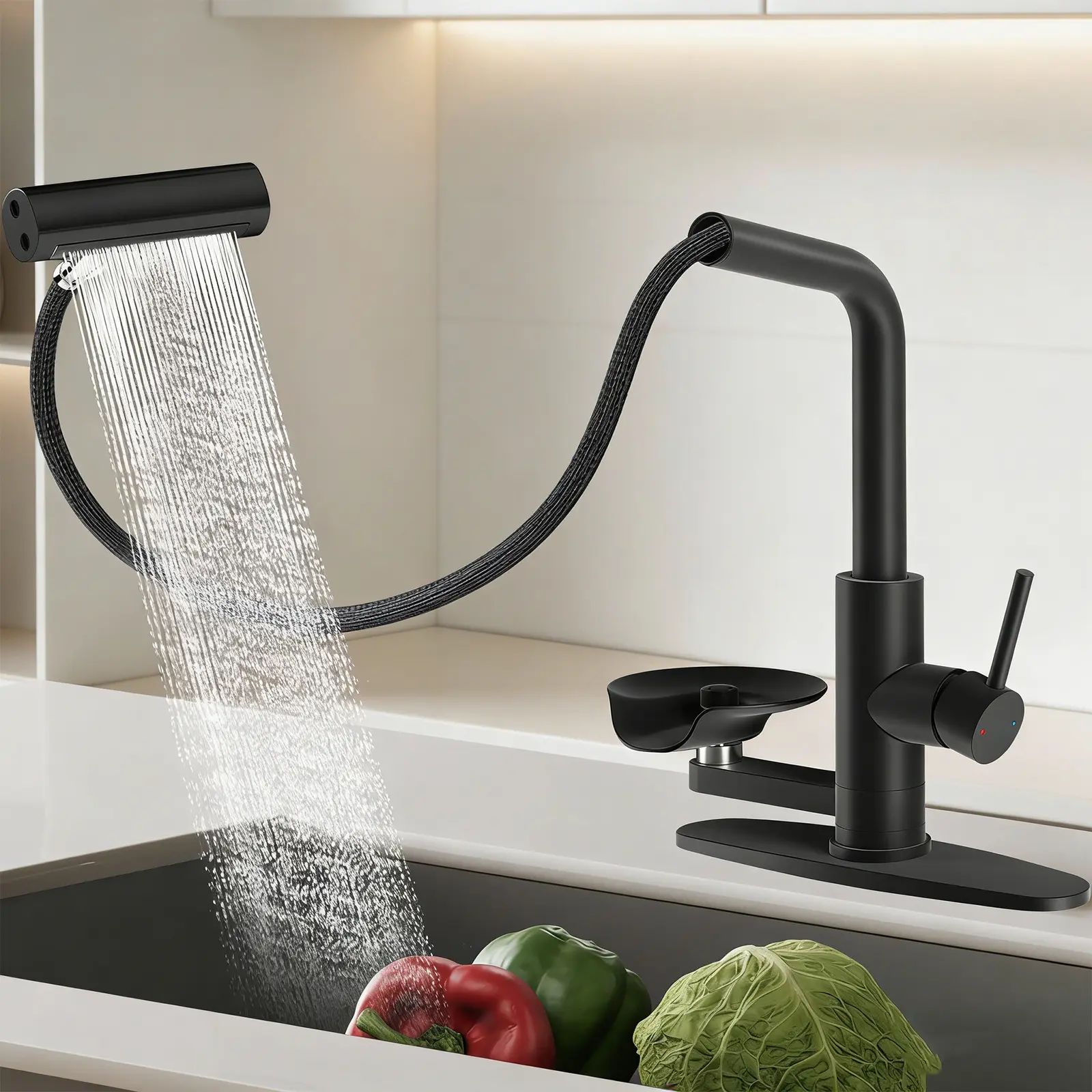 KAIYING Durable Steel Modern Kitchen Faucet - Pull Down/Pull Out Sprayer with Cup Washer & Glass Rinser, Single Handle Waterfall Sink Faucet for Farmhouse RV, Pull Out Faucet