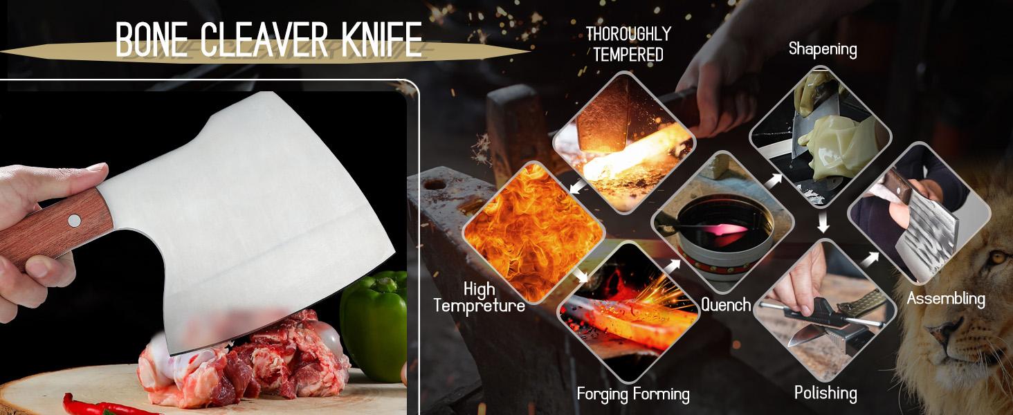 ROCOCO Meat Bone Cleaver Knife for Heavy Duty Butcher Axes - Hand Forged Full Tang Chopper, Silver, Ideal for Kitchen Use