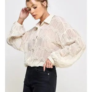 Romantic Ruffle Sheer Blouse - Elegant Long Sleeve Top with Ruffled Details for Women
