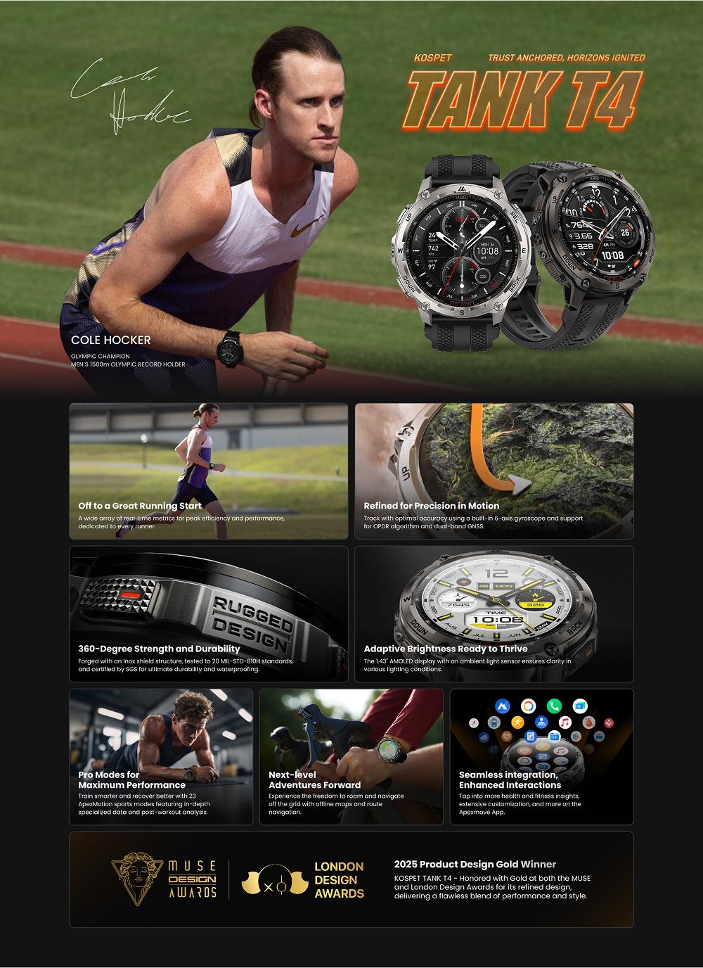 KOSPET TANK T4 Smartwatch with 14-Day Battery Life 1.43AMOLED Display 50M Waterproof Full-Metal Body AI Assistant for Android iOS Fitness Tracker Running Watch GPS Waterproof Smartwatch Wearable Monitor Auto, Durable Stainless Steel, New Year Pick