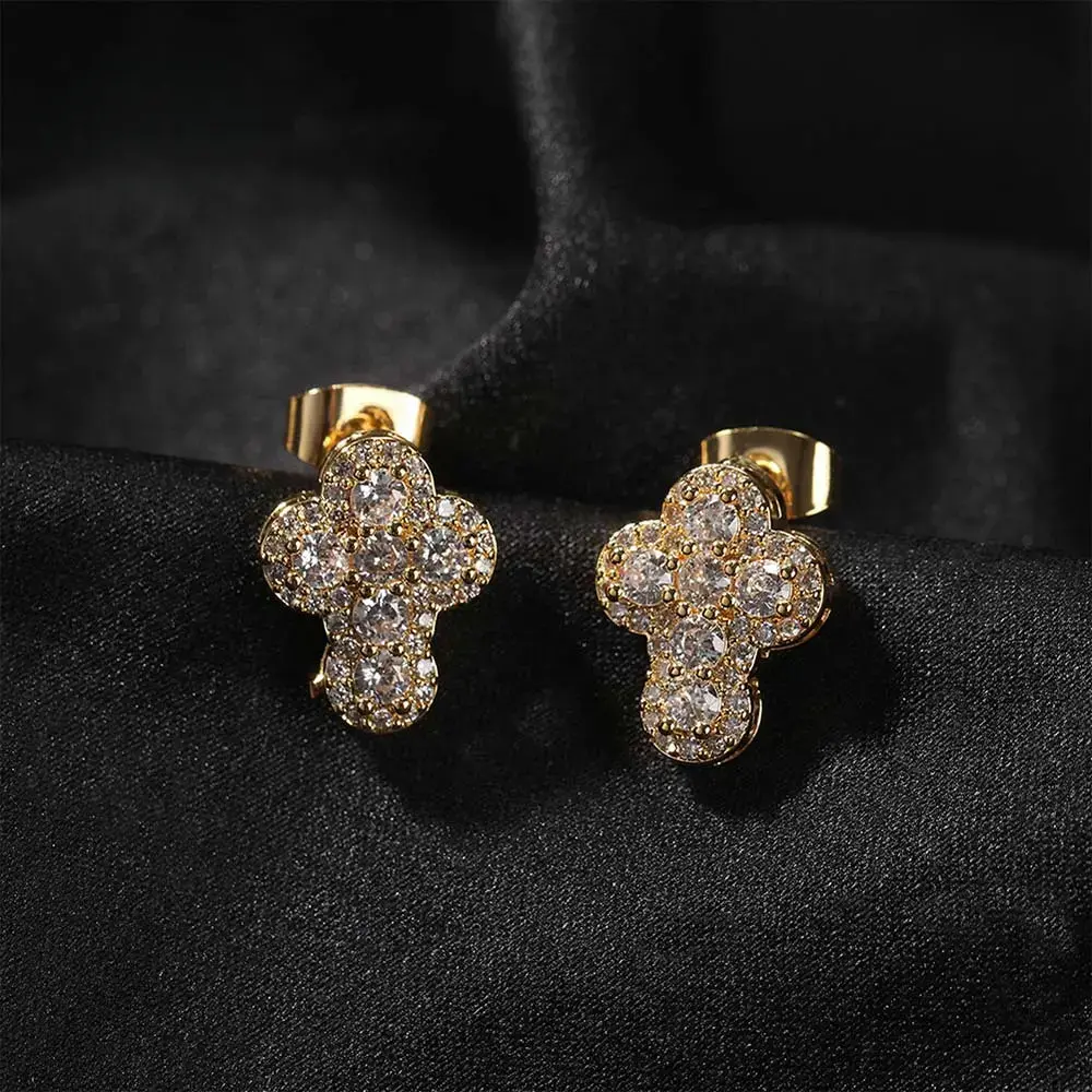Men's High-End Inlaid Diamond Cross Earrings, European-American Style Fashion Ear Accessories with Cross Motif, Matching Couple Set Including Daily Wear Collarbone Chain, Bible Verse Necklace & Bracelet (High-End Look), Men's Earrings