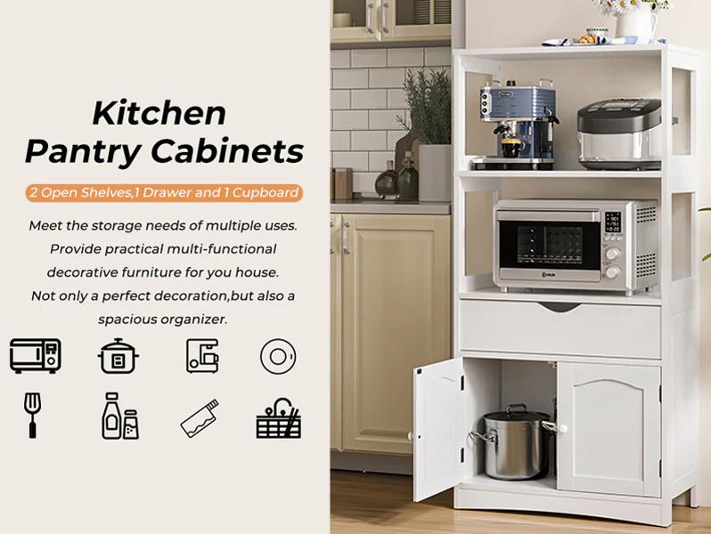 Sikaic Multifunctional Storage Cabinet with Microwave Space Drawer Kitchen Cupboard Apartment Furniture