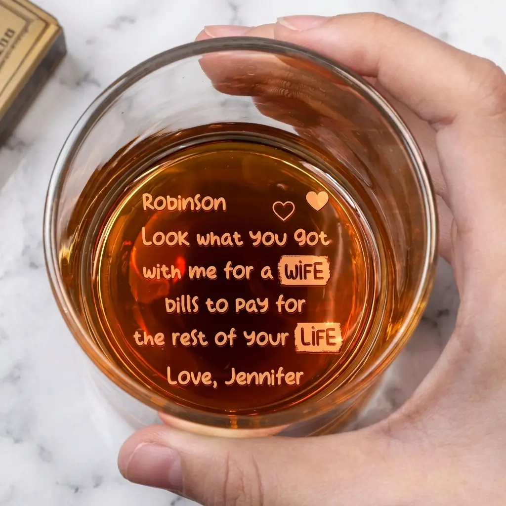 Look What You Got With Me For A Wife High quality laser engraved whiskey glasses, Personalize your handwriting Gifts for couples, Home Decor & Gifts, Funny gift for men and women, Drinkware, Halloween