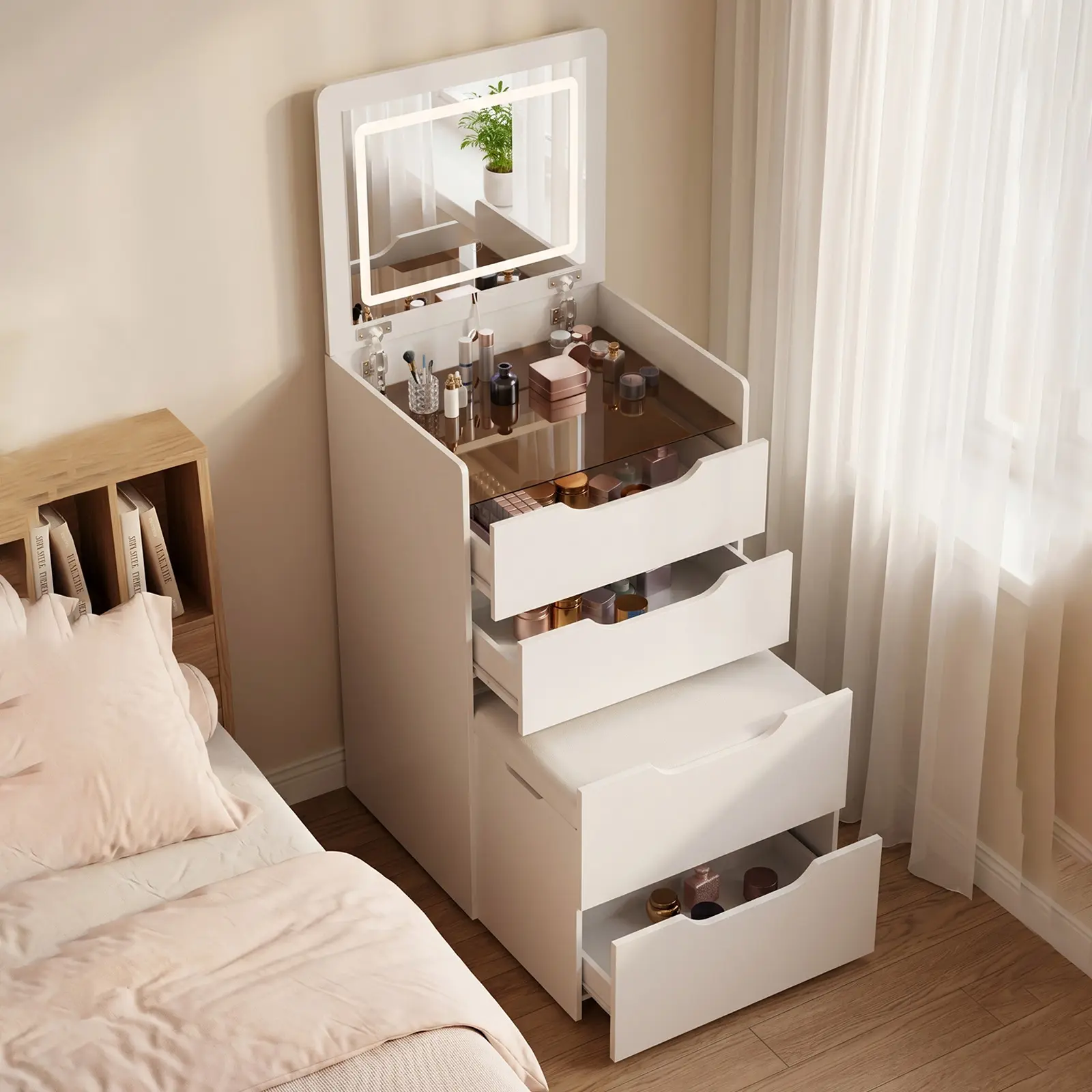 Space Saving Compact 3-in-1 Makeup Vanity, Features Flip-Top Mirror with Built-in Lighting, Concealed Storage Stool and Roomy Three-Tier Drawers, Mini Dressing Table for Bedroom (White)