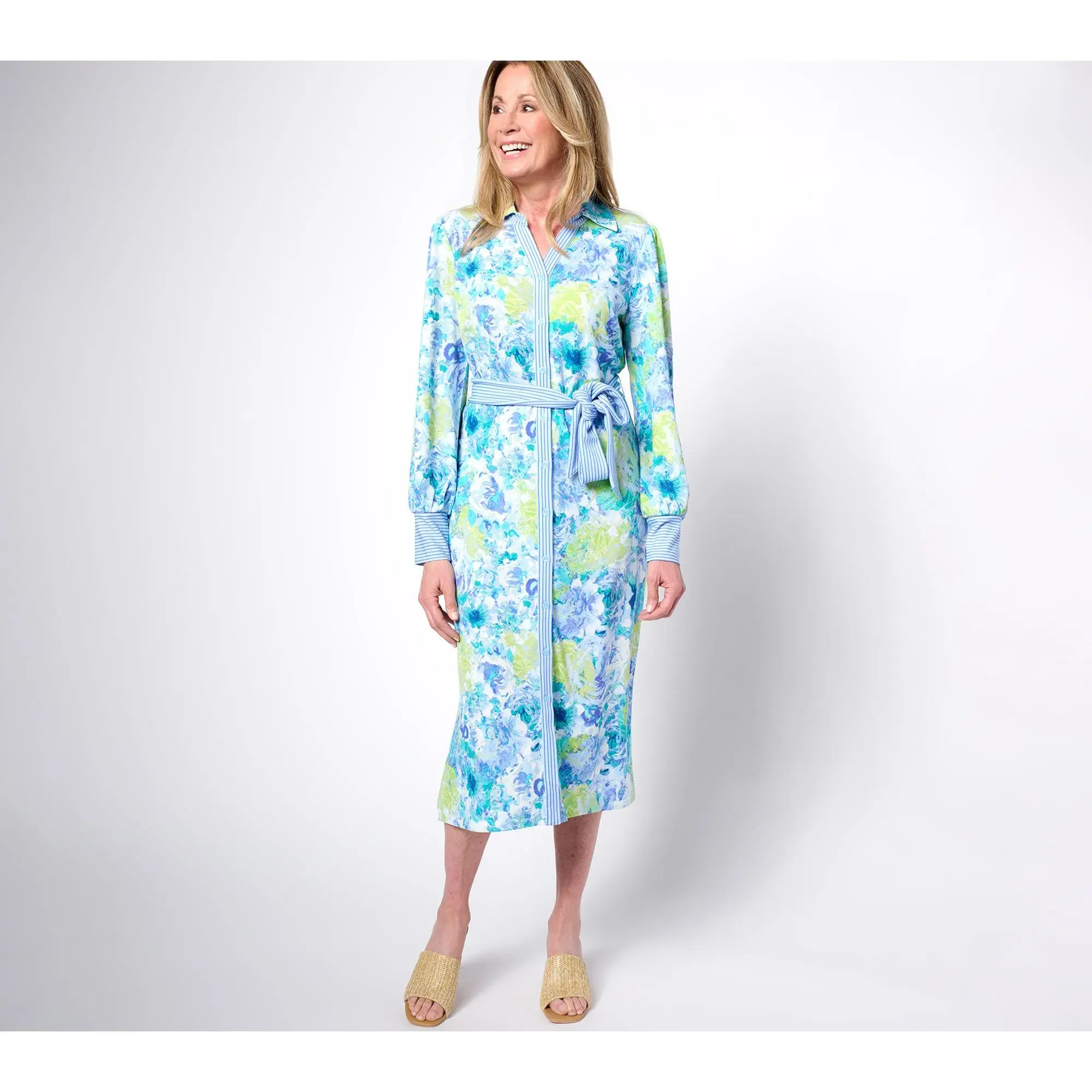 Isaac Mizrahi Live! Regular Pebblette Long Sleeve Midi Shirt Dress