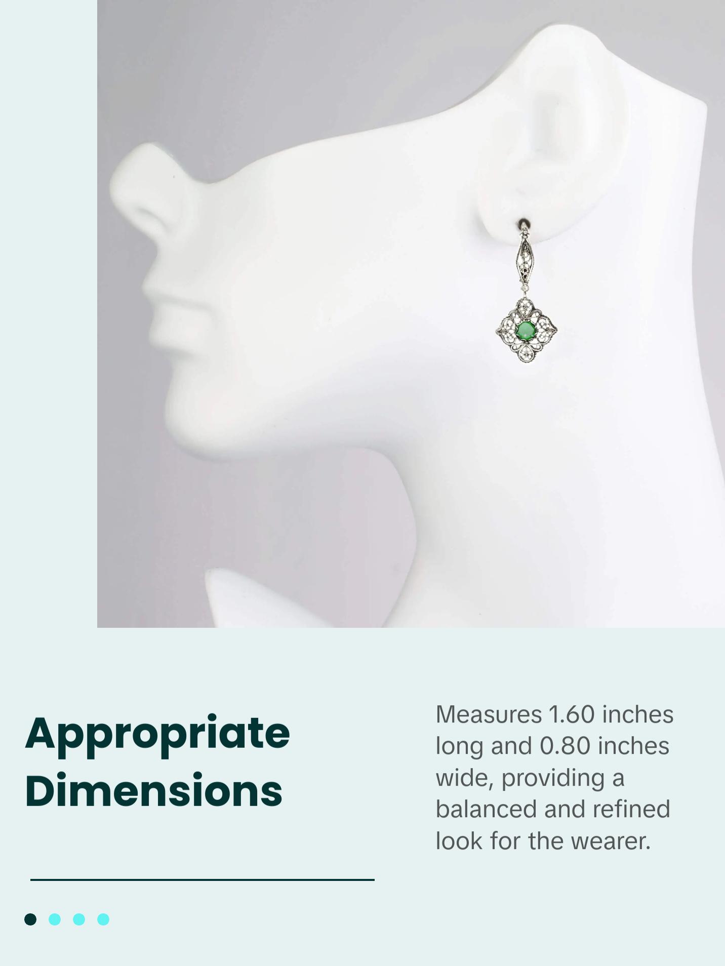 Sterling Silver Filigree Art Emerald Gemstone Woman Dangle Drop Earrings Sterling Silver Filigree Art Emerald Gemstone Woman Dangle Drop Earrings