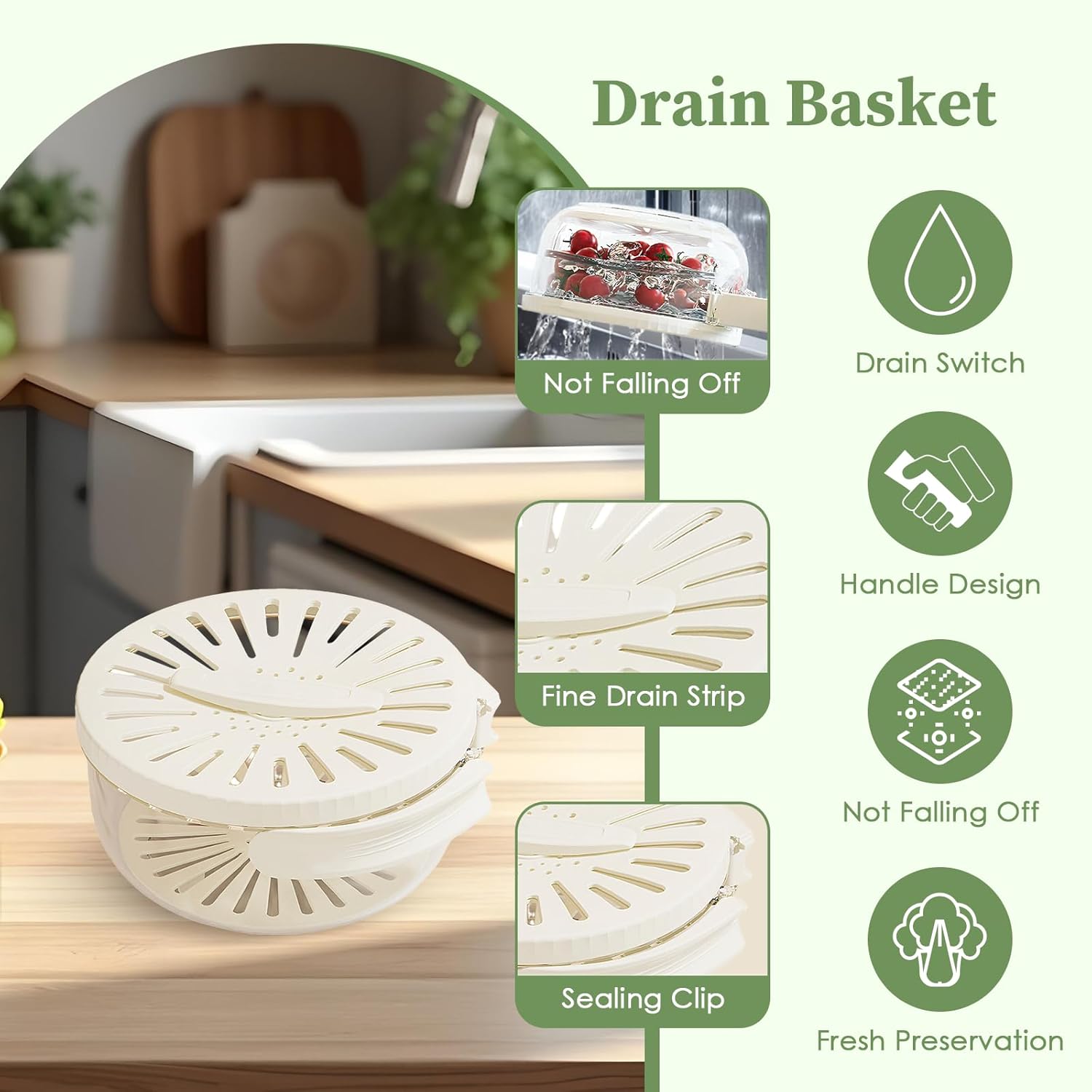 Drain Basket Keeper Container Practical Fruit Colander Foldable Handle Food Storage Container Removable Basket for Strawberry, White Drain Basket Keeper Container Practical Fruit Colander Foldable Handle Food Storage Container Removable Basket for Strawberry, White