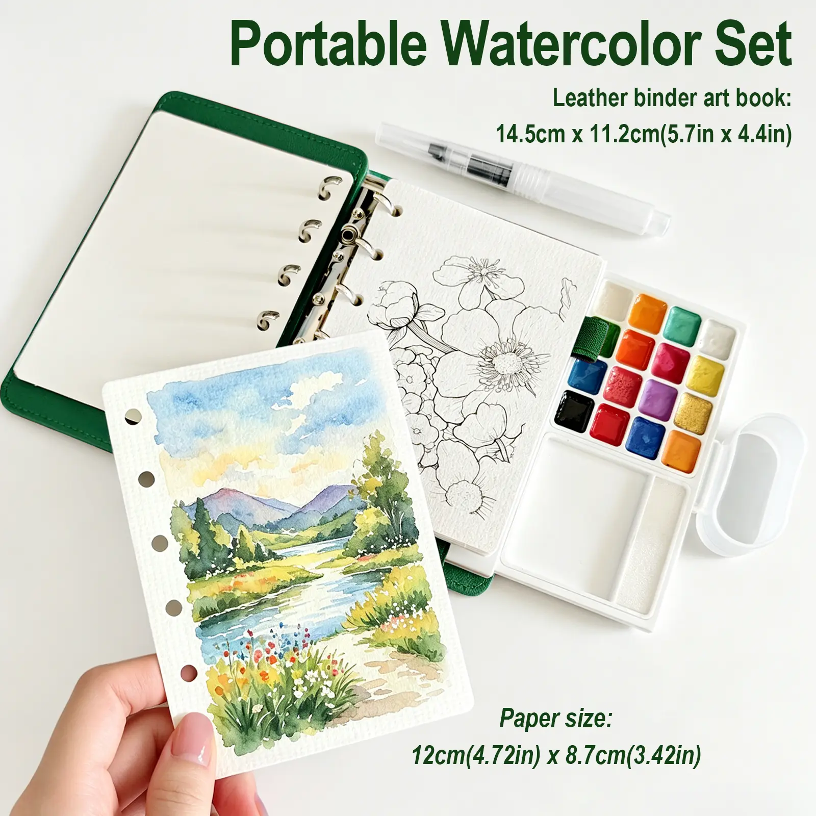 Portable Watercolor Sketchbook Set | 16-Color Travel Watercolor Paint Box (8 Matte & 8 Shimmer Metallic Pigments), Includes 30 Sheets Cotton Watercolor Paper, Detachable Palette, Mini Water Cup & Refillable Water Brush