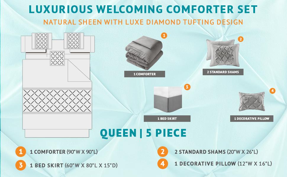 7 Piece Comforter Set with Pillows, Bed Skirt, and Shams, Hypoallergenic, Machine Washable, Moisture-Friendly for All Seasons