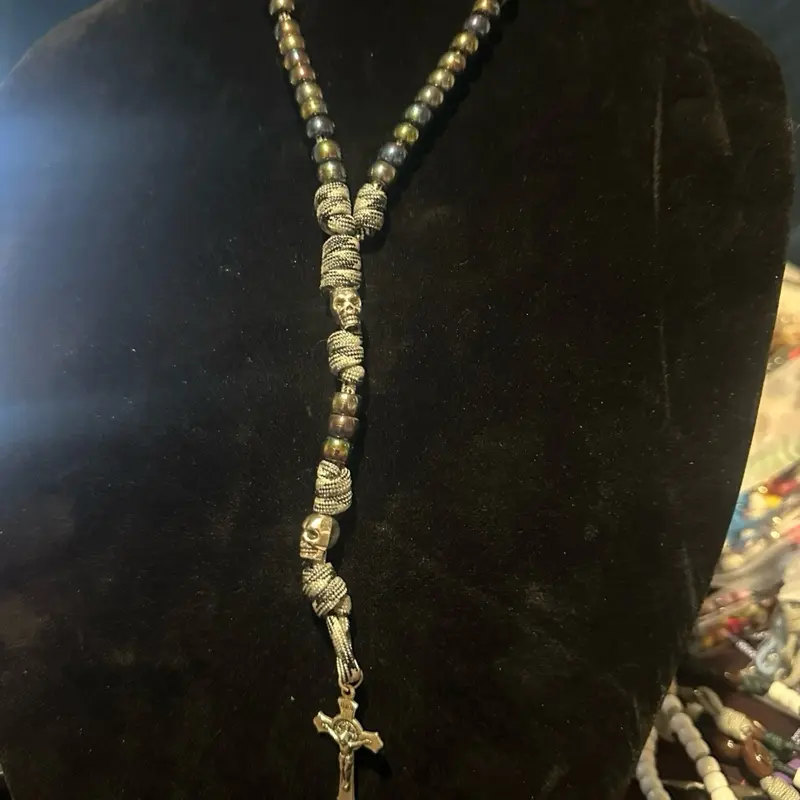 Handmade paracord 5 decade rosary blessed “The James” Memento mori  black camo skull beads and iridescent black