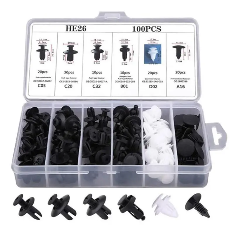 HE26 100 Pcs Bumper Clips Car Clips Plastic Rivets Fasteners Push Retainer Kit with Sizes Auto Push Pin Rivets Set with Fastener Remover Durable Plastic & Metal Components Ergonomic Design Lightweight Strong Essential Tool for Vehicle Maintenance