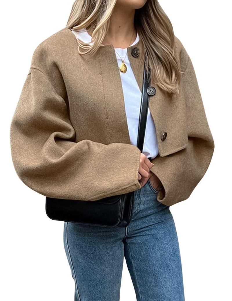 Women's Cropped Wool Blend Pea Coat Short Jacket Peacoat Long Sleeve Button-Down Crop Jacket