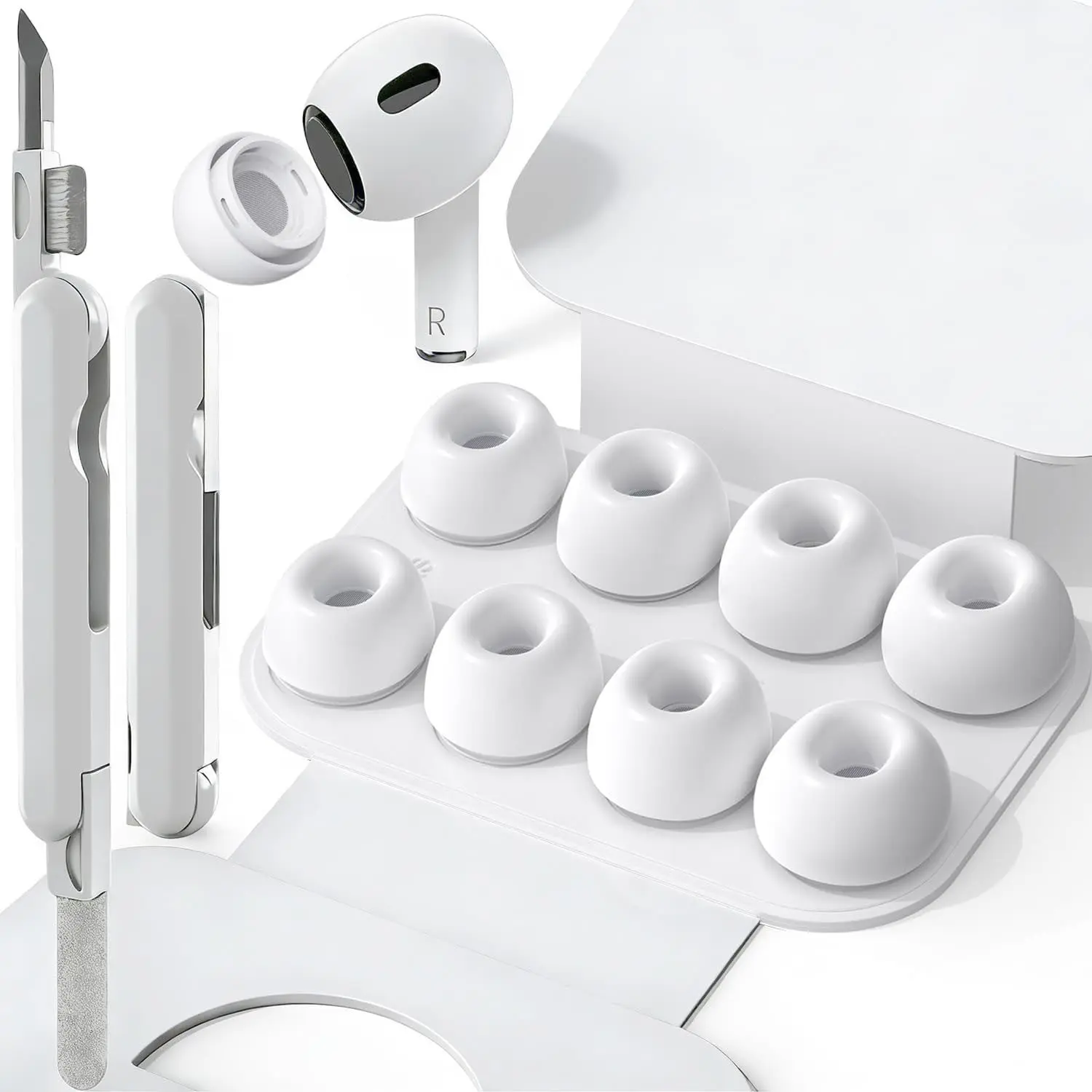 4 Sizes of Ear Tip Replacement Compatible with AirPod Pro and AirPods Pro 2 Ear Tips with Portable Storage Box & Cleaning Kit, Brush, Noise Cancellation, Noise Reduction Hole & Dense Dust Guard Screen(XS/S/M/L)-White Dustproof Protection Earbuds Audio