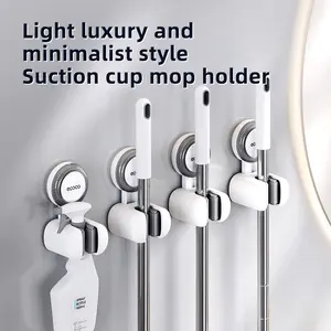 RENEMOS Suction Cup Mop Holder Wall Mount Broom Hanger, No Drill Household Cleaning Organizer, Holds Up to 15lbs