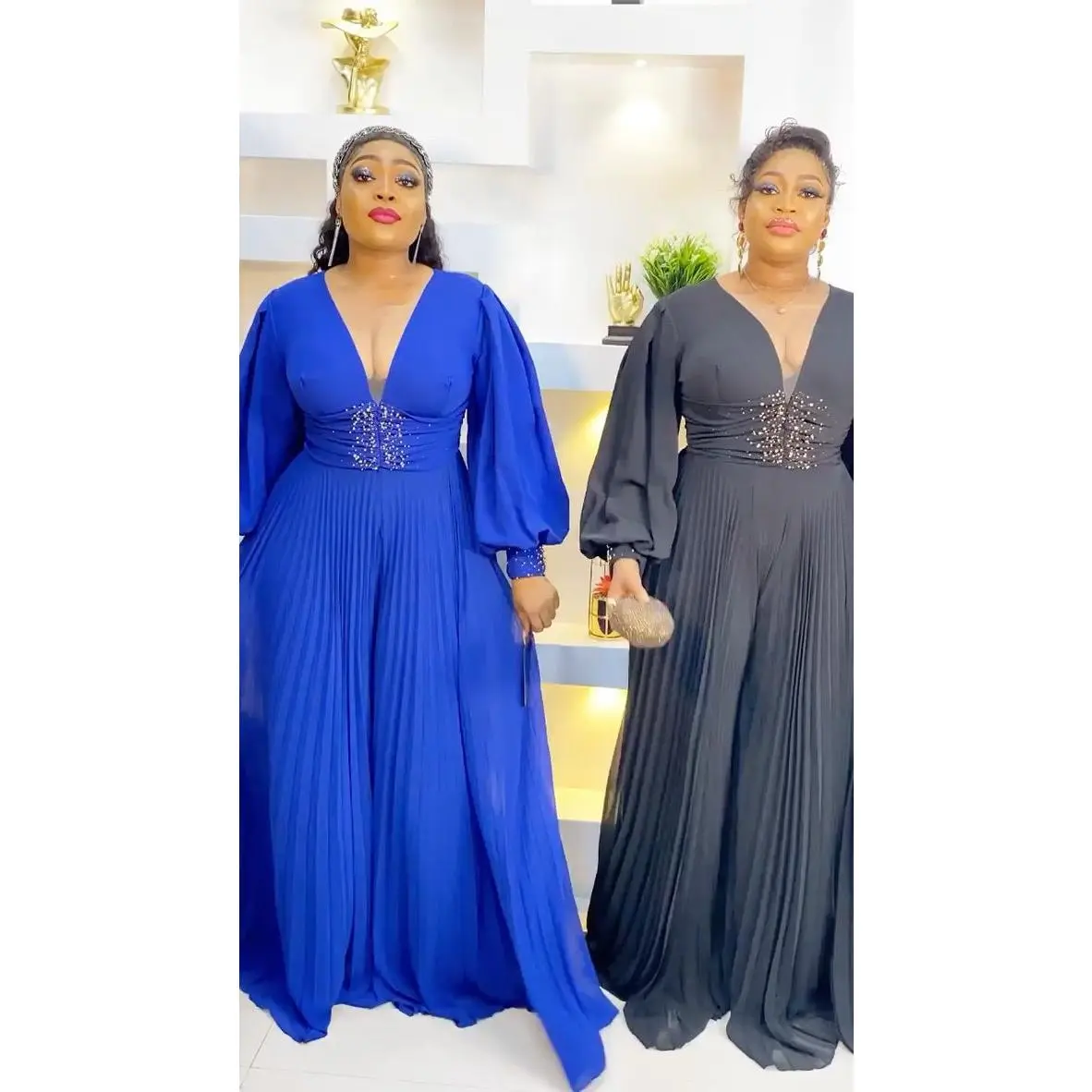 Black Rhinestone-Embellished Pleated Jumpsuit for Wedding Guest Birthday Party Anniversary Gala Dinner Reception