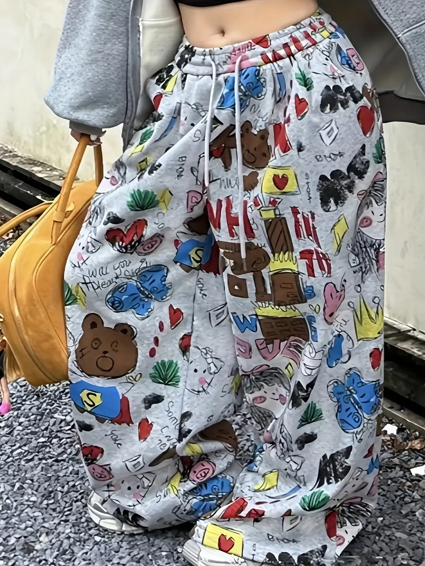 Women's Plus Size New Sweatpants, Loose Fit Slimming Wide Leg Pants, Elastic Waist, Cartoon Graffiti Print, Casual Fashion Loungewear, Womenswear Bottom, Casual Fashion Bottoms
