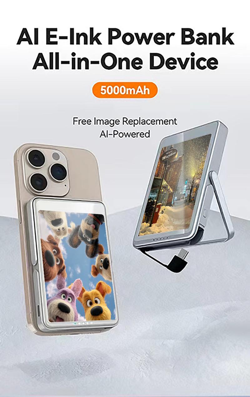 AI E-Ink Power Bank All-in-One Device 5000mAh Free Image Replacement AI-Powered Portable Charger Magnetic charging