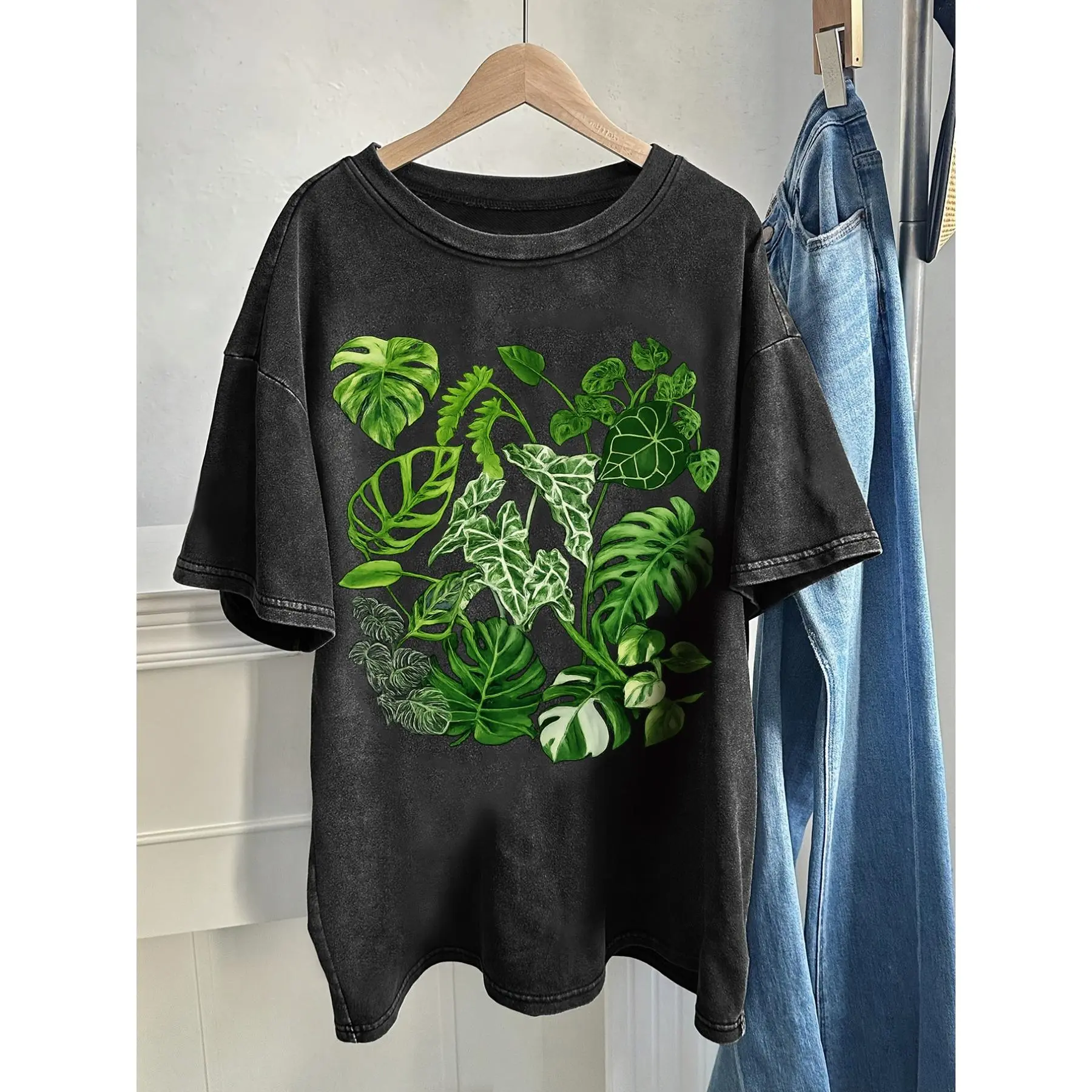 Women's Short-Sleeve Oversized Graphic Print T-Shirt - Vintage Washed, Tropical Plant Design, Retro Loose Fit with Dropped Shoulders, Stretchy Breathable Comfortable Fabric, Shortsleeve, Lightweight,back to school,back to school shopping