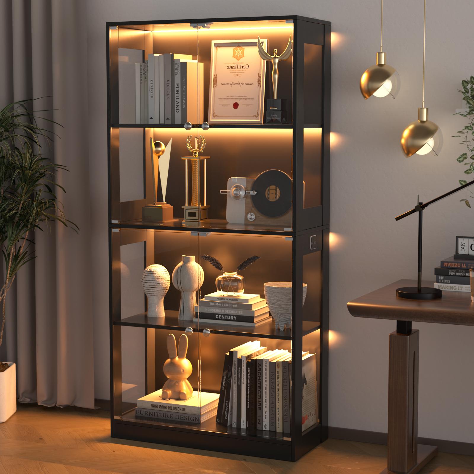 VOWNER 80'' Display Cabinet with Glass Door 4-5-Tier Curio Cabinet for Collectibles Trophy Glass Display Case with Human Body Sensor 3 Color Lights Bookcase Storage Cabinets for Living Room Study