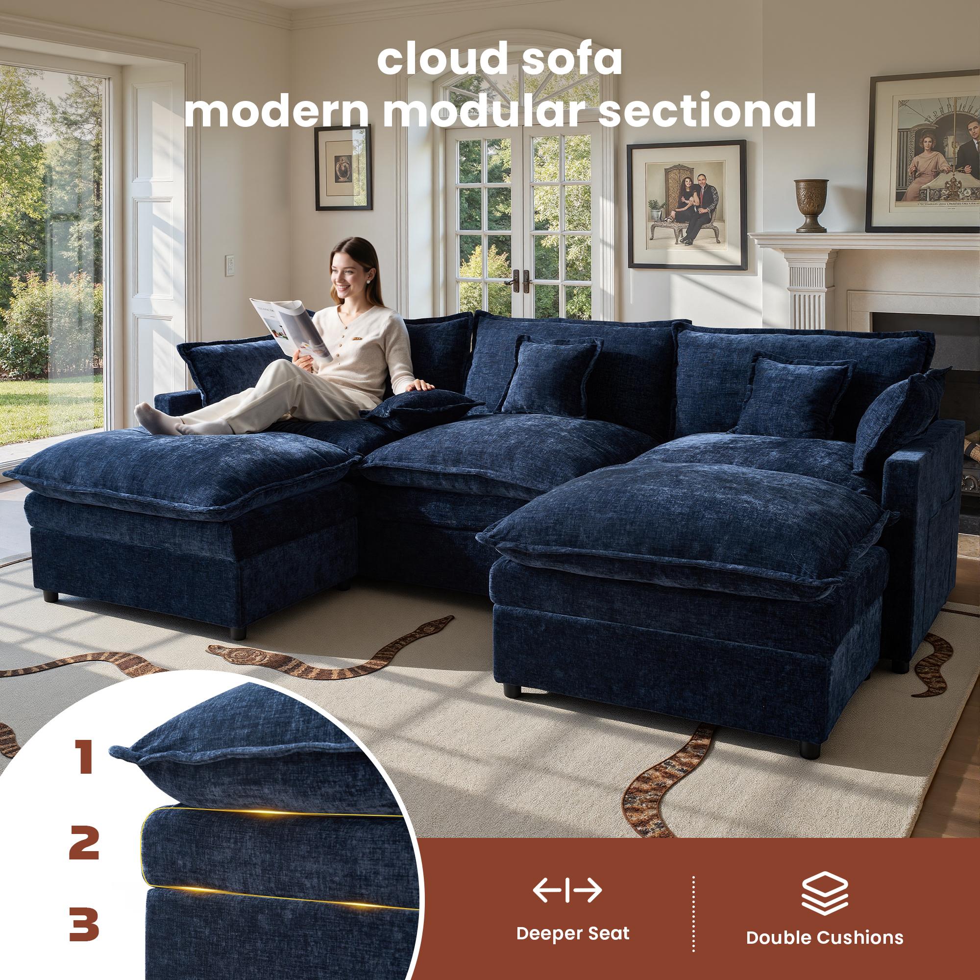 【2/3 Packages Shipping】Ovios 143" U-Shaped Modular Sectional Sofa with 2 Ottomans, Comfy Chenille Cloud Couch, Deep Seat Sofa Bed with 5 Pillows for Living Room, Bedroom & Apartment