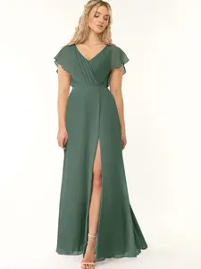 Azazie Rylee A-Line V-Neck Batwing Sleeve Pleated Bridesmaid Wedding Guest Formal Dress