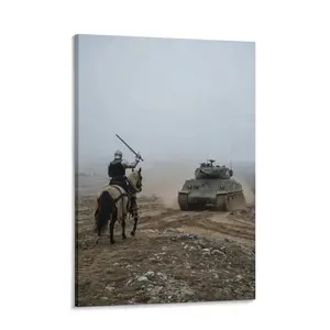 Art Poster,Print Poster Depicting A Knight In Armor On Horseback Confronting An M4 Sherman Tank - Europe - Chivalry - Wasteland - A Gift For History And Military Enthusiasts.