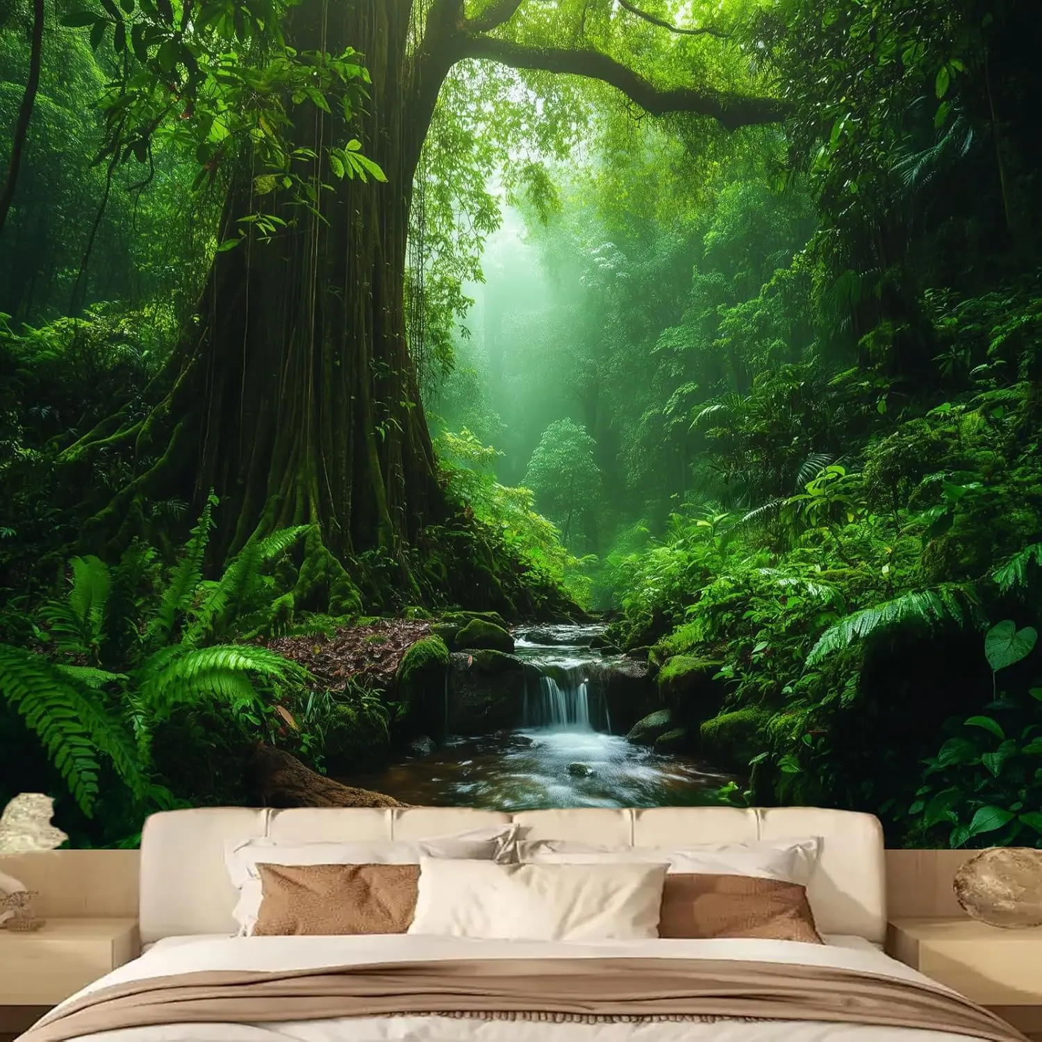 Magical Forest Nature Cotton Tapestry Wall Hanging - Bedroom Room Art Decor Inspo, Fantasy Green Tree of Life Plant Wall Mural Backdrop for Living Room Indoors Decor, Print
