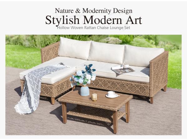 Sophia & William Boho Wicker Patio Furniture Set, 3-Seater / 5-Seater, Outdoor Rattan Sectional Sets Conversation Set - Weather-Resistant, with Dual Storage Coffee Table Acacia Wood Legs for Garden, Patio & Deck