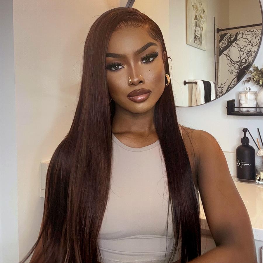 Pizazz Hair #4 Chocolate Brown Straight Glueless Wigs 13x6 HD Transparent Lace Frontal Wigs Human Hair Pre Plucked Natural HairLine With Drawstring